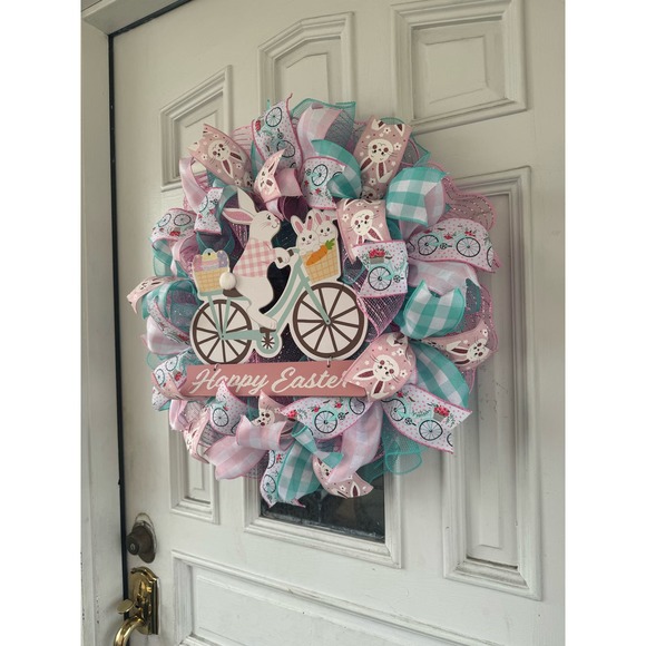 Happy Easter Bunny Rabbit Bicycle Deco Mesh Ribbon Spring Wreath Door Hanger - Picture 7 of 9
